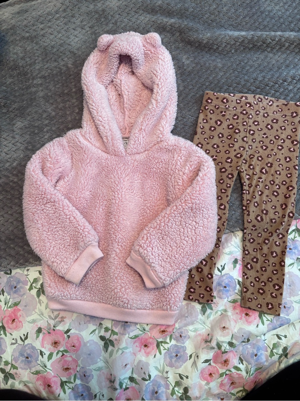 Carter's Bear Sherpa Hoodie with Brown Leopard Print Leggings. Size 2T.